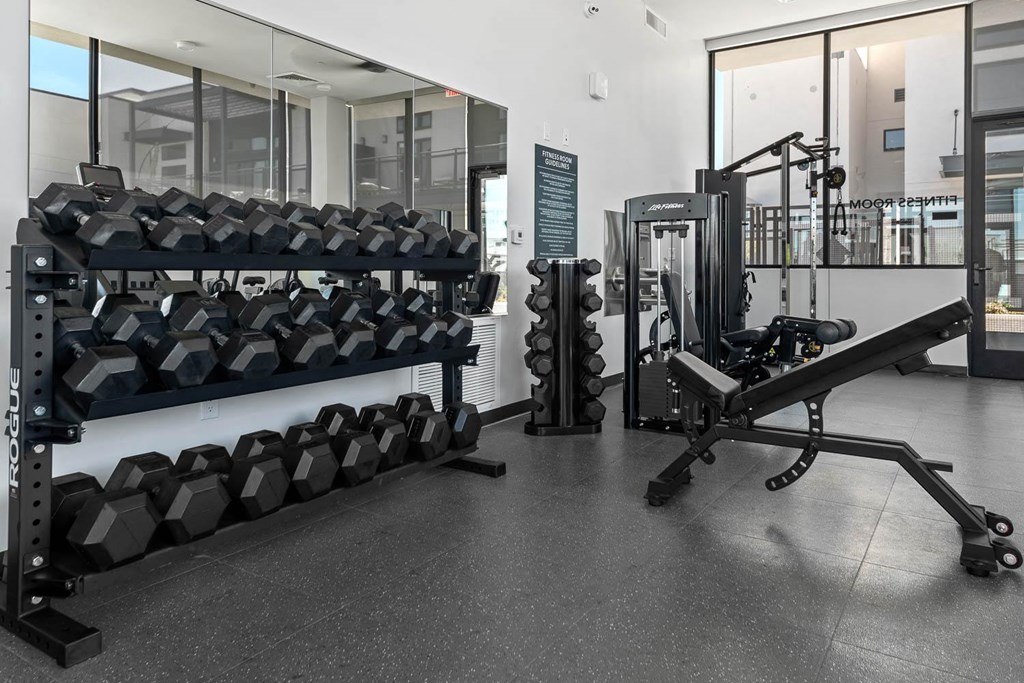 the gym has weights and cardio equipment in the wellness center