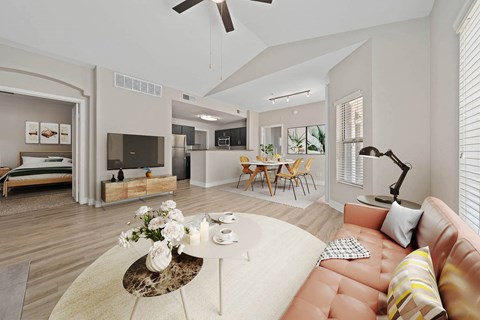 a living room with a couch and a table