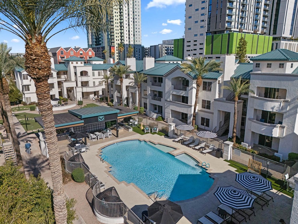 A pool surrounded by palm trees and chairs.