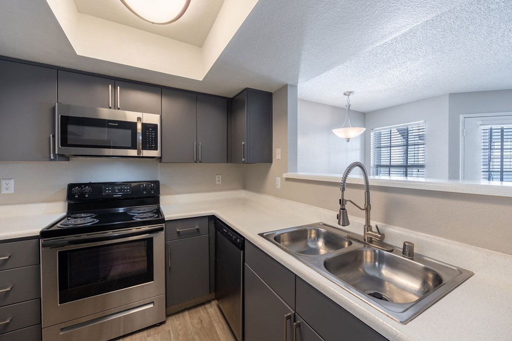 a kitchen with stainless steel appliances and a sink