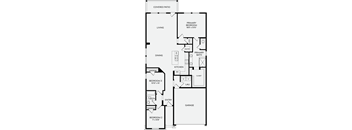 A floor plan of a house with a living room, dining room, kitchen, three bedrooms, a garage, and a covered patio.