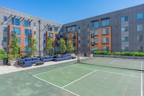 pickleball court in front of a building