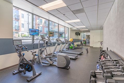 a large fitness room with cardio equipment and a large window