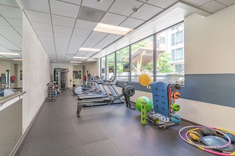 a spacious fitness center with cardio machines and weights