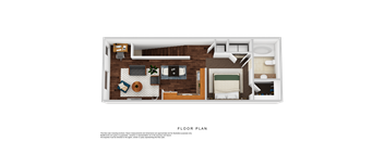 A floor plan of a small apartment with a living room, kitchen, and bathroom.