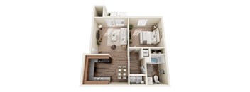 A top-down view of a small apartment with a living room, kitchen, and bedroom.
