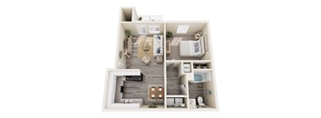 A top-down view of a small apartment with a living room, kitchen, and bathroom.