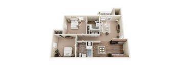 A top-down view of a small apartment with a kitchen, living room, and bathroom.