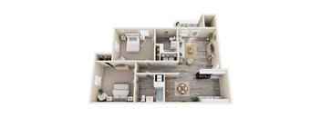 A top-down view of a small apartment with a kitchen, living room, and bathroom.