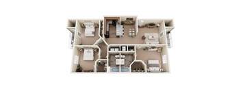 A top-down view of a furnished apartment layout.