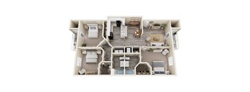 A top-down view of a two-story house with a living room, dining room, kitchen, and bedrooms.