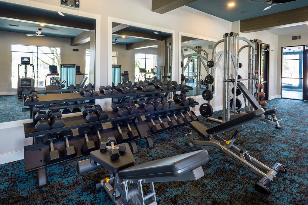 A gym with a variety of equipment including treadmills, weights, and exercise machines.