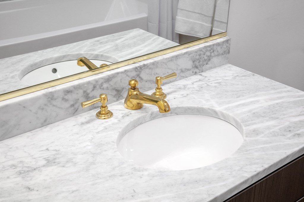 bathroom sink close up with brass fixtures at The Fitz, Portland, 97210