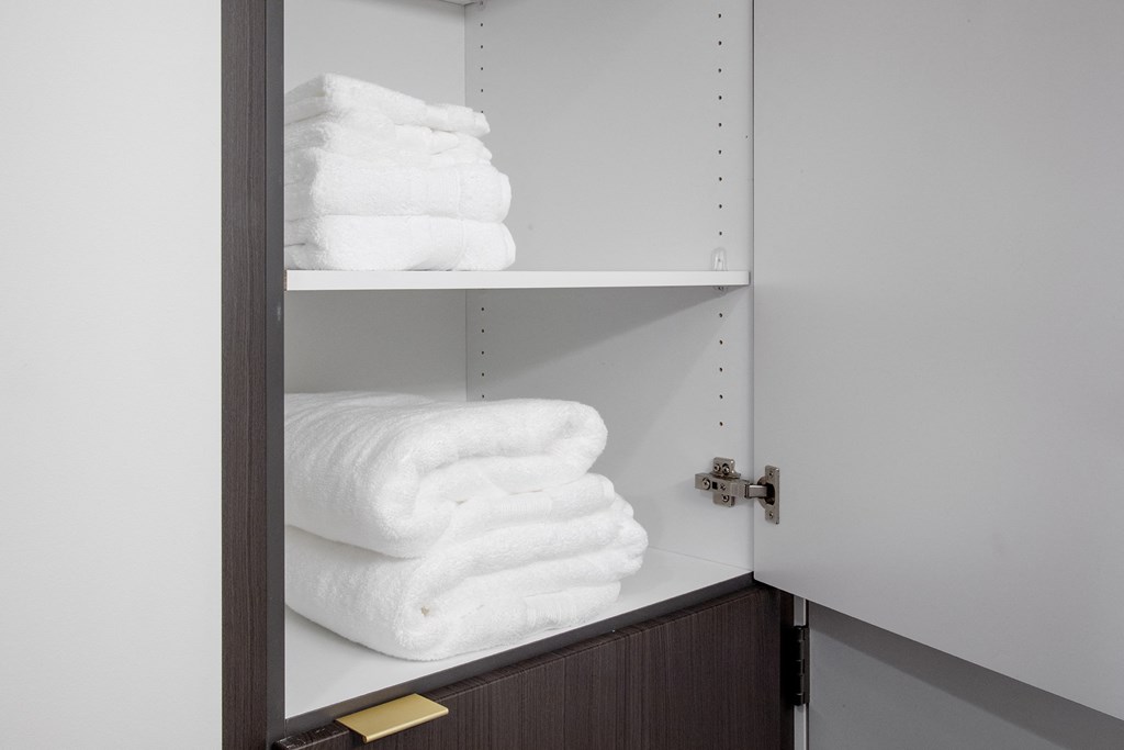 Bathroom towel storage at The Fitz, Portland, OR