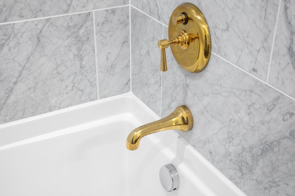 Close up of tub brass fixtures at The Fitz, Portland, OR, 97210