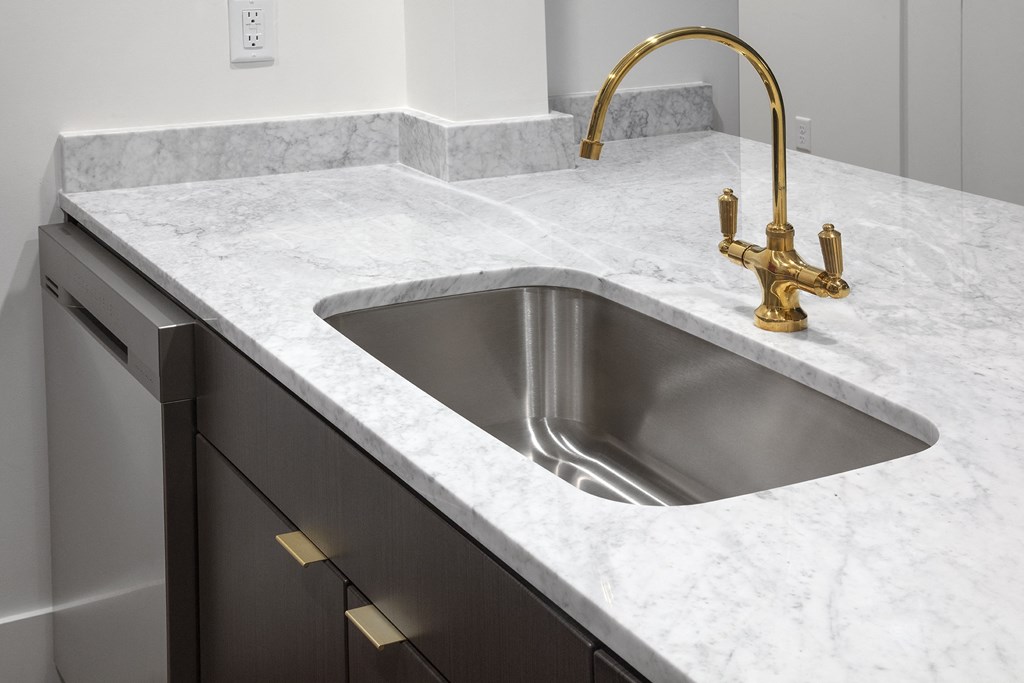 kitchen sink detail with brass fixtures at The Fitz, Oregon, 97210