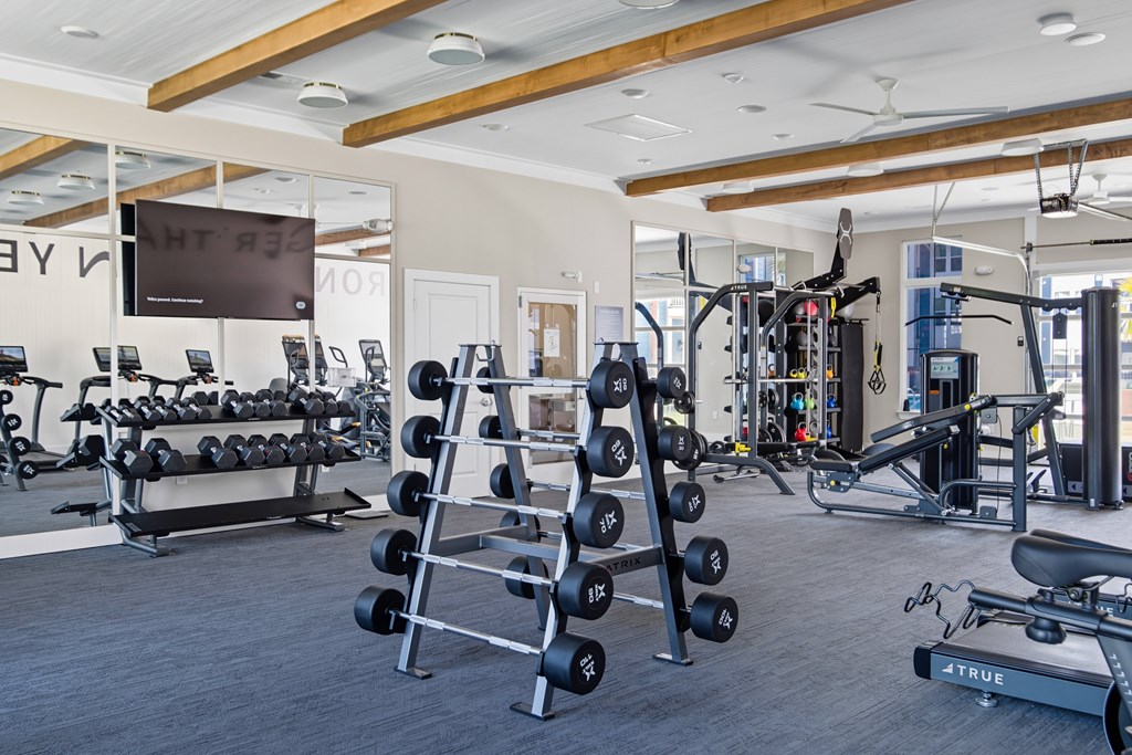 A gym with a variety of equipment including dumbbells, weight machines, and a bench press.