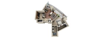 A 3D floor plan of a house with a kitchen, living room, and dining area.