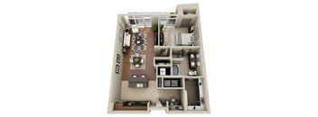 A 3D floor plan of a house with a kitchen, living room, dining room, and two bedrooms.