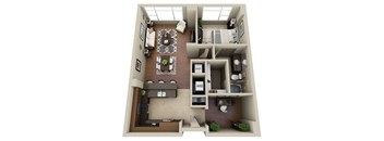 A 3D floor plan of a house with a living room, dining room, kitchen, and two bedrooms.