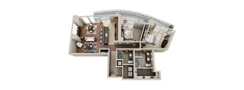 A 3D floor plan of a house with a kitchen, living room, dining room, and two bedrooms.