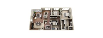 A top-down view of a two-story apartment layout with various rooms and furniture.