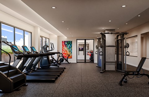 A gym with treadmills, weights, and exercise equipment.