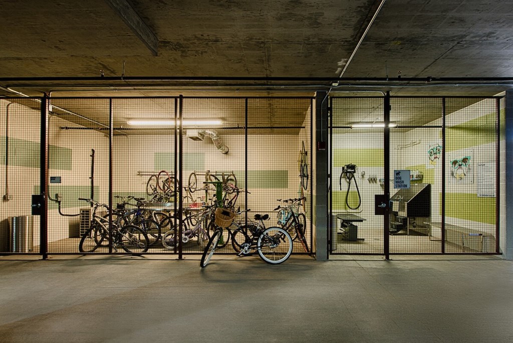 A bike is parked in a bike rack.