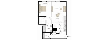 A floor plan of a house with a bedroom, living room, dining room, kitchen, bathroom, and a wet/dry area.