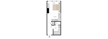 A floor plan of a house with a kitchen, bathroom, and studio.