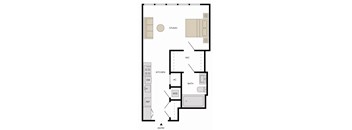 A floor plan of a house with a studio, kitchen, bathroom, and entry.