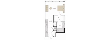 A floor plan of a house with a kitchen, bathroom, and study.