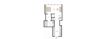 A floor plan of a house with a studio, dining, and kitchen area.