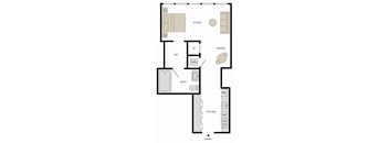 A floor plan of a house with a studio, dining, and kitchen area.