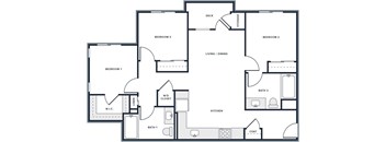 A black and white image of a house floor plan with a deck, three bedrooms, a living/dining area, a kitchen, a bathroom, a laundry area, and a coat area.