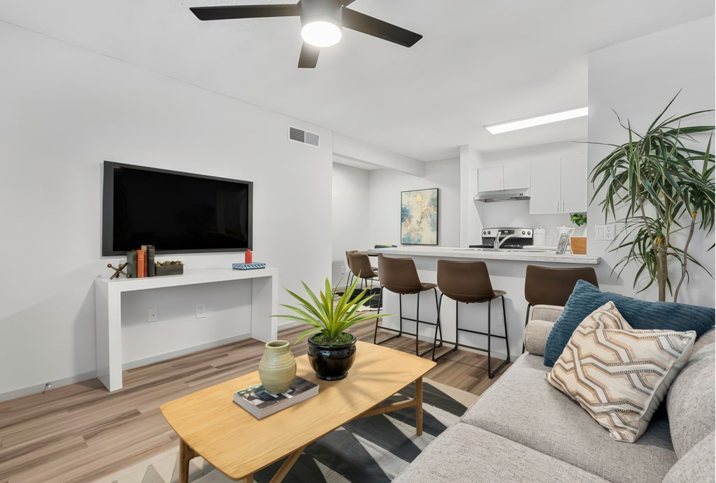 Living room with TV and console table at The Halifax apartments in Phoenix, AZ.