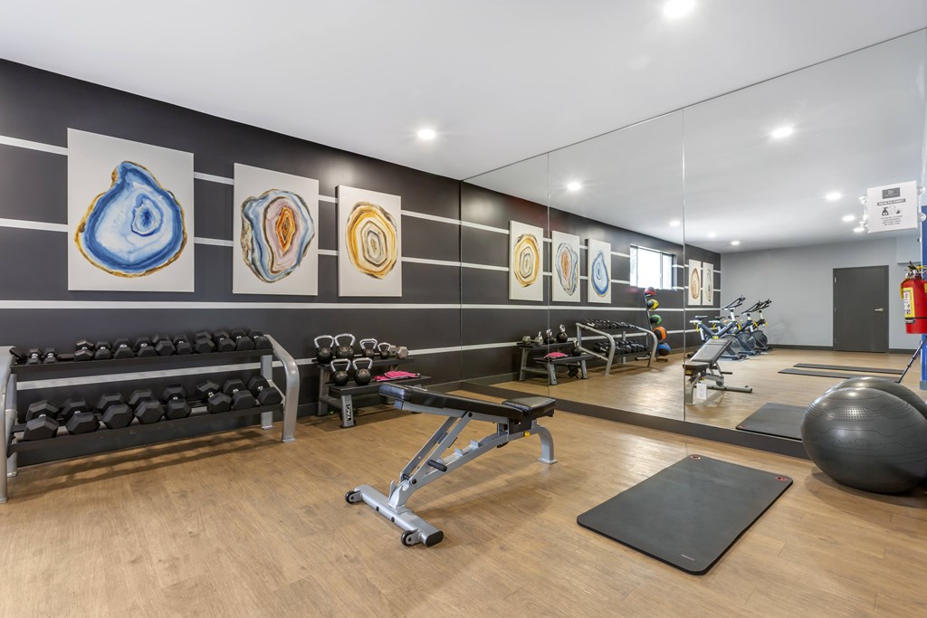 A gym with a variety of equipment including weights, benches, and exercise balls.