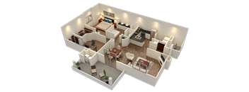 A 3D floor plan of a house with a living room, kitchen, dining room, and bedrooms.