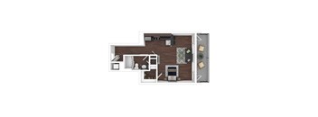 A floor plan of a house with a kitchen, living room, and bathroom.