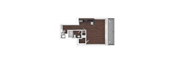 A floor plan of a room with a kitchen, living room, and bathroom.