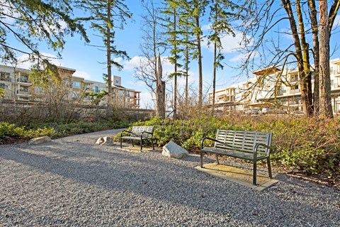 A park with two benches and a gravel path.