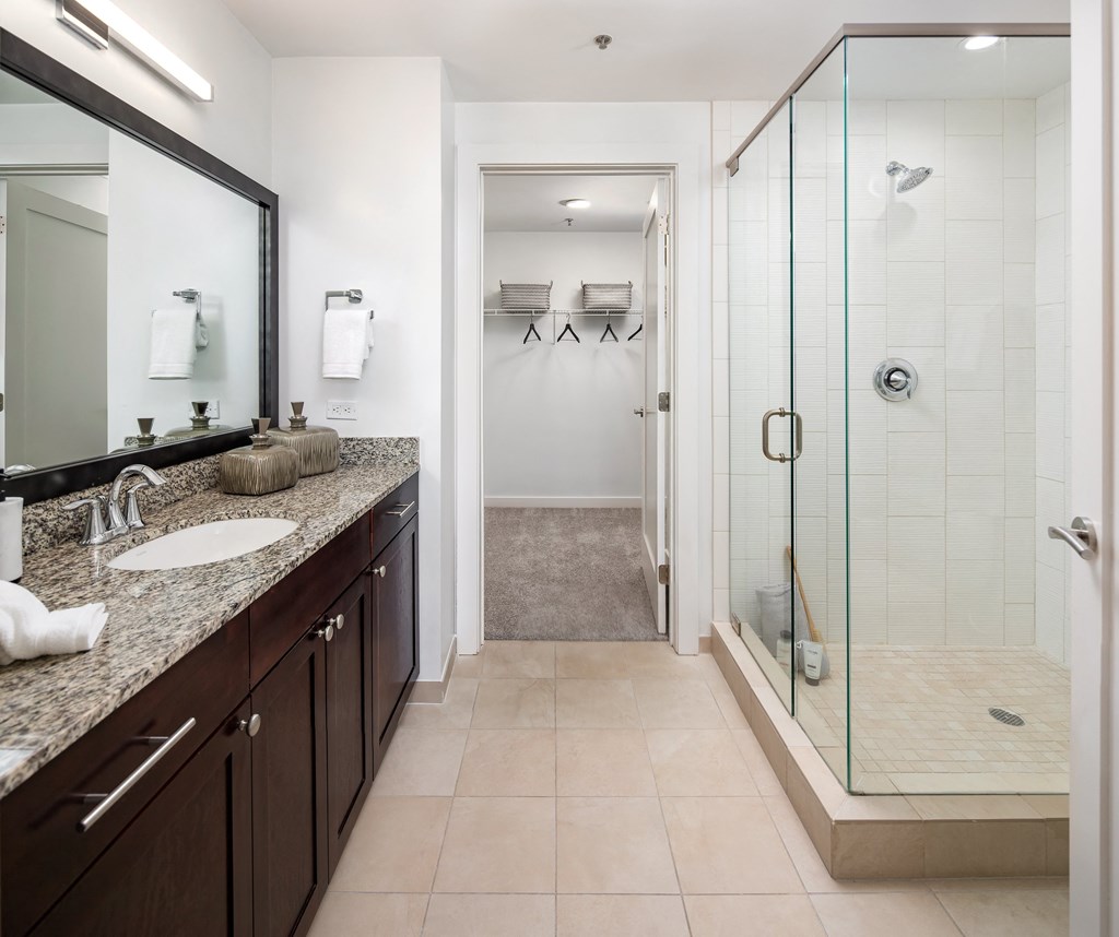 a bathroom with a shower and a sink and a mirror