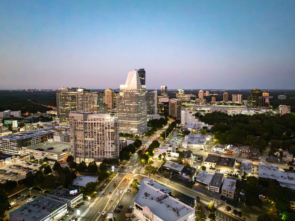 an aerial view of the city at night