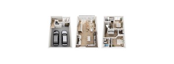 Three different floor plans of a house with a garage and a living room.
