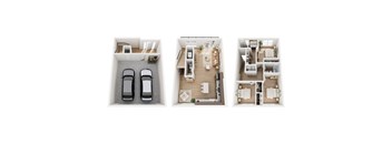 Three different floor plans of a house with a garage and a kitchen.