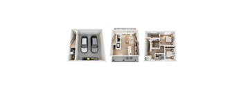 Three images of a small apartment layout.