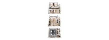 Three floor plans of a house with a garage.
