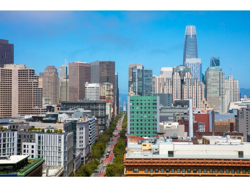 a view of the san francisco skyline with the salesforce tower in the background