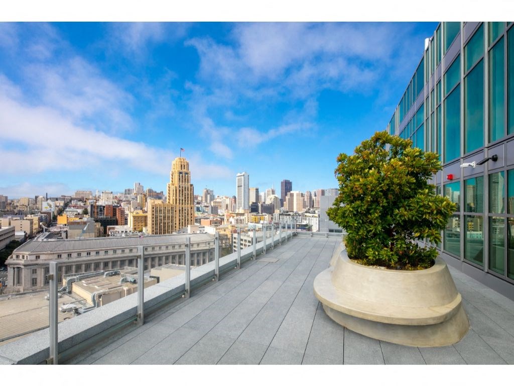 a view of the san francisco skyline from a roof top terrace