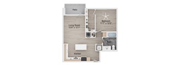 a floor plan of a studio apartment with a bedroom and a living room